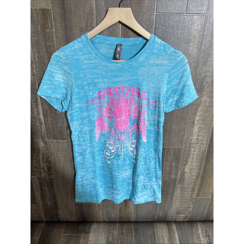Pro Rodeo Gear Womens Shirt Large Blue Bull Skull And Feathers Logo‎